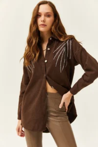 Olalook Women's Leaf Bitter Coffee Stamp Sequin Detailed Oversize Stamp Shirt - Image 2