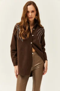 Olalook Women's Leaf Bitter Coffee Stamp Sequin Detailed Oversize Stamp Shirt - Image 3