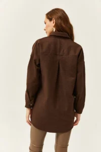 Olalook Women's Leaf Bitter Coffee Stamp Sequin Detailed Oversize Stamp Shirt - Image 4