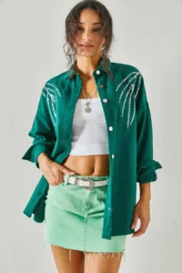 Olalook Women's Leaf Emerald Green Sequin Detailed Oversize Stash Shirt
