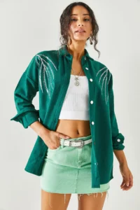 Olalook Women's Leaf Emerald Green Sequin Detailed Oversize Stash Shirt - Image 2