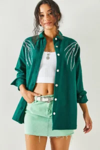 Olalook Women's Leaf Emerald Green Sequin Detailed Oversize Stash Shirt - Image 3