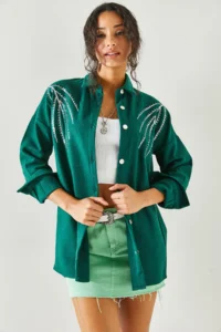 Olalook Women's Leaf Emerald Green Sequin Detailed Oversize Stash Shirt - Image 4