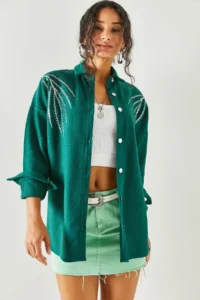 Olalook Women's Leaf Emerald Green Sequin Detailed Oversize Stash Shirt - Image 5