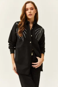 Olalook Women's Leaf Black Sequin Detailed Oversize Stamp Shirt - Image 2