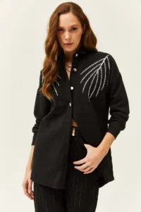 Olalook Women's Leaf Black Sequin Detailed Oversize Stamp Shirt - Image 3