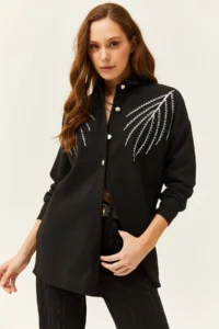 Olalook Women's Leaf Black Sequin Detailed Oversize Stamp Shirt - Image 4