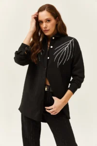 Olalook Women's Leaf Black Sequin Detailed Oversize Stamp Shirt - Image 5