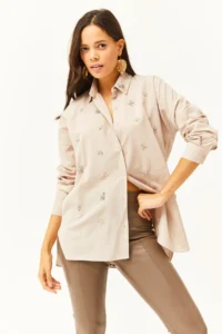 Olalook Women's Beige Oval Woven Shirt with Stones on the Front and Collar - Image 2