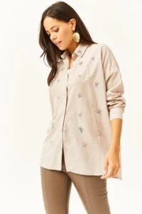 Olalook Women's Beige Oval Woven Shirt with Stones on the Front and Collar - Image 3