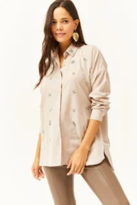 Olalook Women's Beige Oval Woven Shirt with Stones on the Front and Collar - Image 4