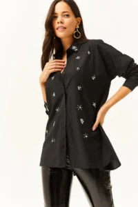 Olalook Women's Black Oval Woven Shirt with Stones on the Collar and Front