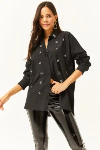 Olalook Women's Black Oval Woven Shirt with Stones on the Collar and Front - Image 2