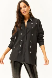 Olalook Women's Black Oval Woven Shirt with Stones on the Collar and Front - Image 3