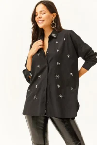 Olalook Women's Black Oval Woven Shirt with Stones on the Collar and Front - Image 4