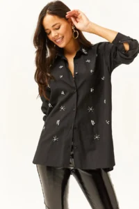 Olalook Women's Black Oval Woven Shirt with Stones on the Collar and Front - Image 5