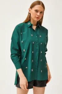 Olalook Women's Emerald Green Oval Woven Shirt with Stones on the Collar and Front