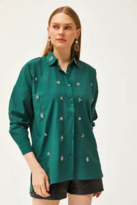 Olalook Women's Emerald Green Oval Woven Shirt with Stones on the Collar and Front - Image 2