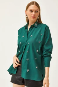 Olalook Women's Emerald Green Oval Woven Shirt with Stones on the Collar and Front - Image 3