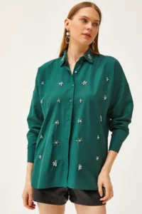 Olalook Women's Emerald Green Oval Woven Shirt with Stones on the Collar and Front - Image 4