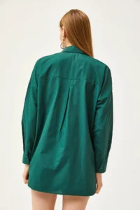 Olalook Women's Emerald Green Oval Woven Shirt with Stones on the Collar and Front - Image 5