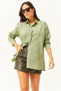 Olalook Women's Mold Green Oval Woven Shirt with Stones on the Collar and Front - Image 2