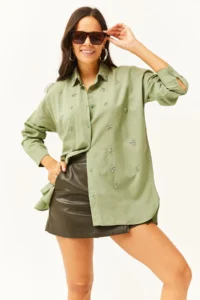 Olalook Women's Mold Green Oval Woven Shirt with Stones on the Collar and Front - Image 3