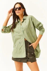 Olalook Women's Mold Green Oval Woven Shirt with Stones on the Collar and Front - Image 4