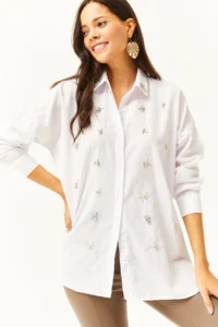 Olalook Women's White Collar and Front Oval Woven Shirt with Stones