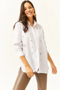 Olalook Women's White Collar and Front Oval Woven Shirt with Stones - Image 3