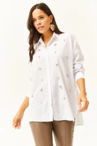 Olalook Women's White Collar and Front Oval Woven Shirt with Stones - Image 4