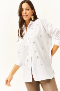 Olalook Women's White Collar and Front Oval Woven Shirt with Stones - Image 5