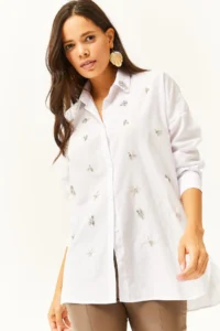 Olalook Women's White Collar and Front Oval Woven Shirt with Stones - Image 6