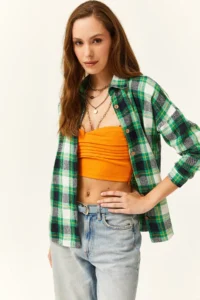 Olalook Women Green Yellow Plaid Oduncu Shirt