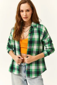 Olalook Women Green Yellow Plaid Oduncu Shirt - Image 2