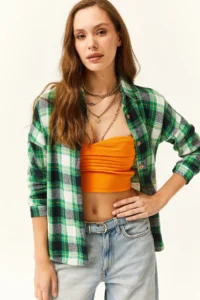 Olalook Women Green Yellow Plaid Oduncu Shirt - Image 3
