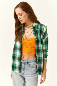 Olalook Women Green Yellow Plaid Oduncu Shirt - Image 4