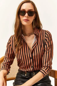 Olalook Women Brick Rejection Striped Weaving Shirt