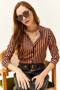 Olalook Women Brick Rejection Striped Weaving Shirt - Image 4