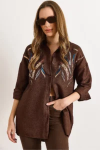Olalook Women's Bitter Brown Sequined Wool Effect Oversize Winter Shirt