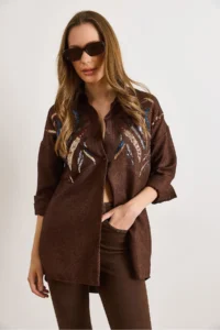 Olalook Women's Bitter Brown Sequined Wool Effect Oversize Winter Shirt - Image 2