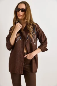 Olalook Women's Bitter Brown Sequined Wool Effect Oversize Winter Shirt - Image 3