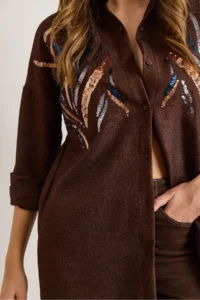 Olalook Women's Bitter Brown Sequined Wool Effect Oversize Winter Shirt - Image 4