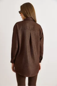 Olalook Women's Bitter Brown Sequined Wool Effect Oversize Winter Shirt - Image 5
