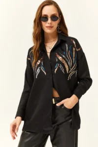 Olalook Women's Black Sequined Wool Effect Oversize Winter Shirt