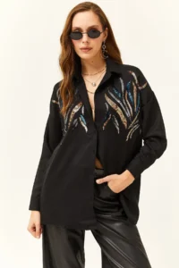 Olalook Women's Black Sequined Wool Effect Oversize Winter Shirt - Image 2