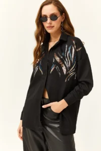 Olalook Women's Black Sequined Wool Effect Oversize Winter Shirt - Image 3