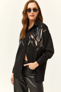Olalook Women's Black Sequined Wool Effect Oversize Winter Shirt - Image 4