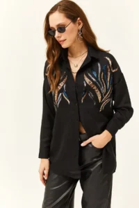 Olalook Women's Black Sequined Wool Effect Oversize Winter Shirt - Image 5