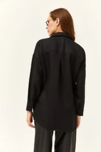 Olalook Women's Black Sequined Wool Effect Oversize Winter Shirt - Image 6